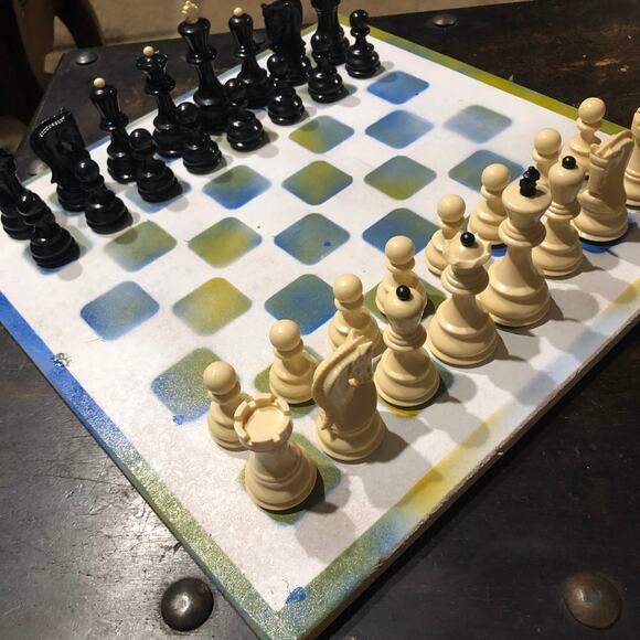 Large Painted Chess Set - Blue/Yellow & White - Picture 2 of 11